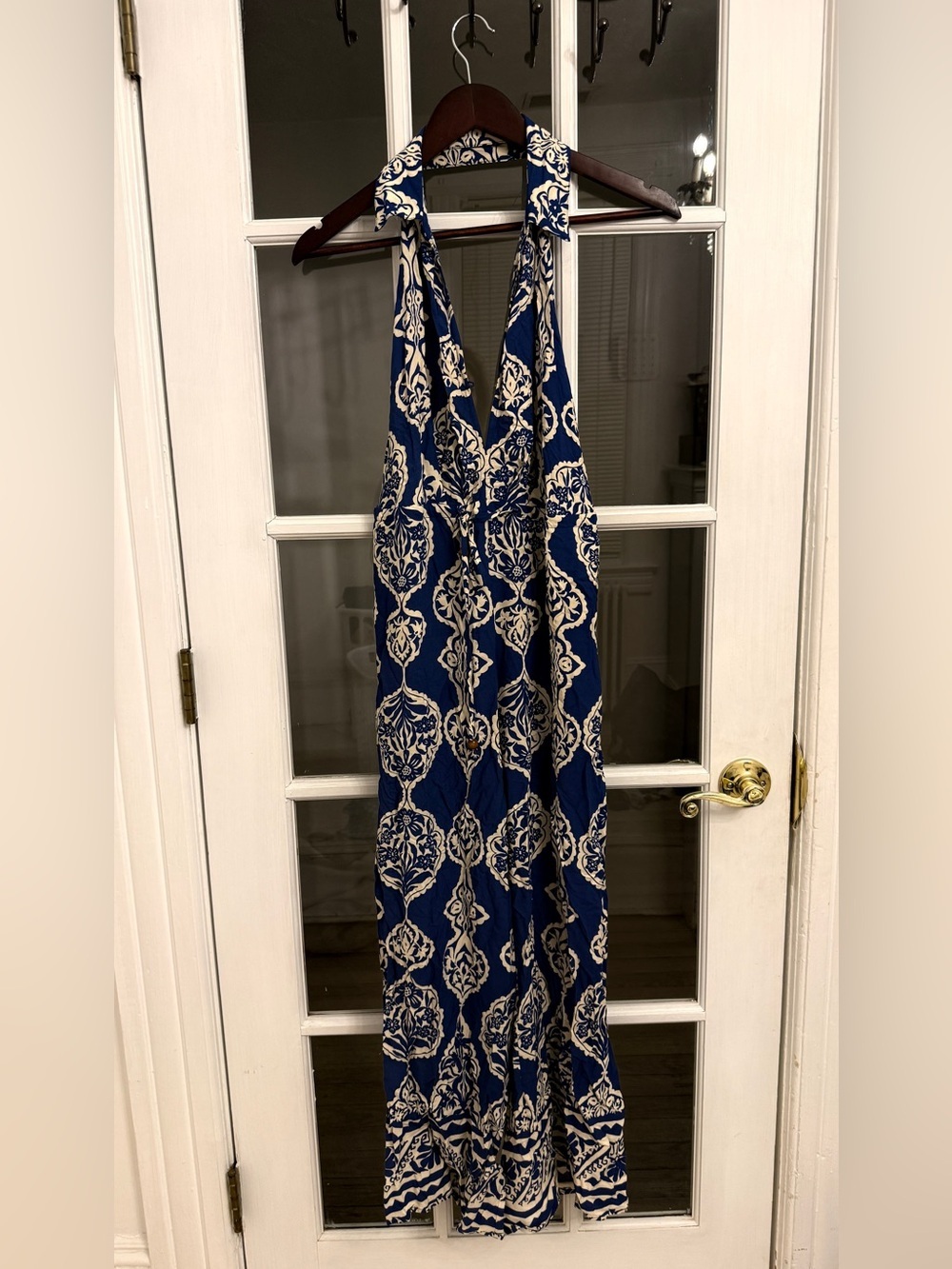 AAKAA Women's Blue & White Boho Print Collared Sleeveless Backless Jumpsuit NEW